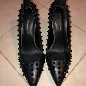 BCBG Women’s Black Leather Spiked High Heels